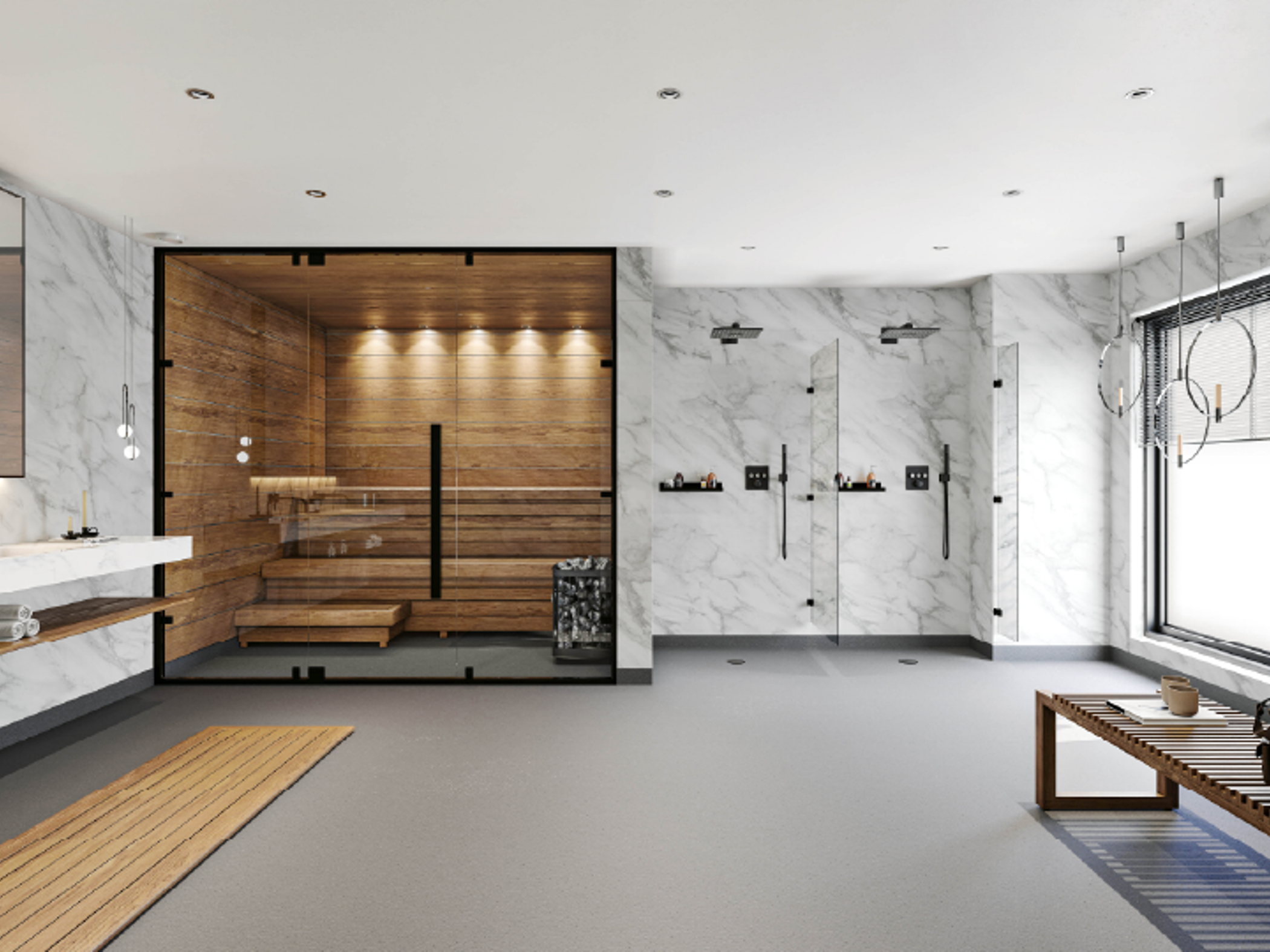 Vägg Onyx + Marble white, Golv: Surestep Concrete, våtrumsvinyl, Forbo