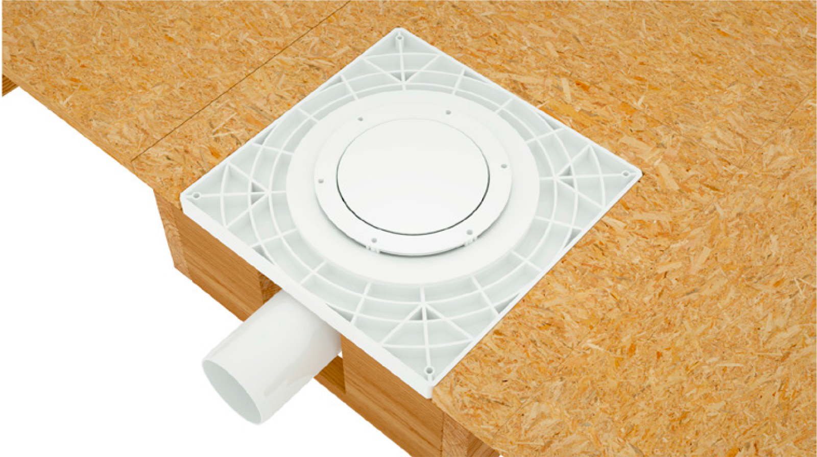 Fixering av golvbrunn med hjälp av montageplatta i träbjälklag.