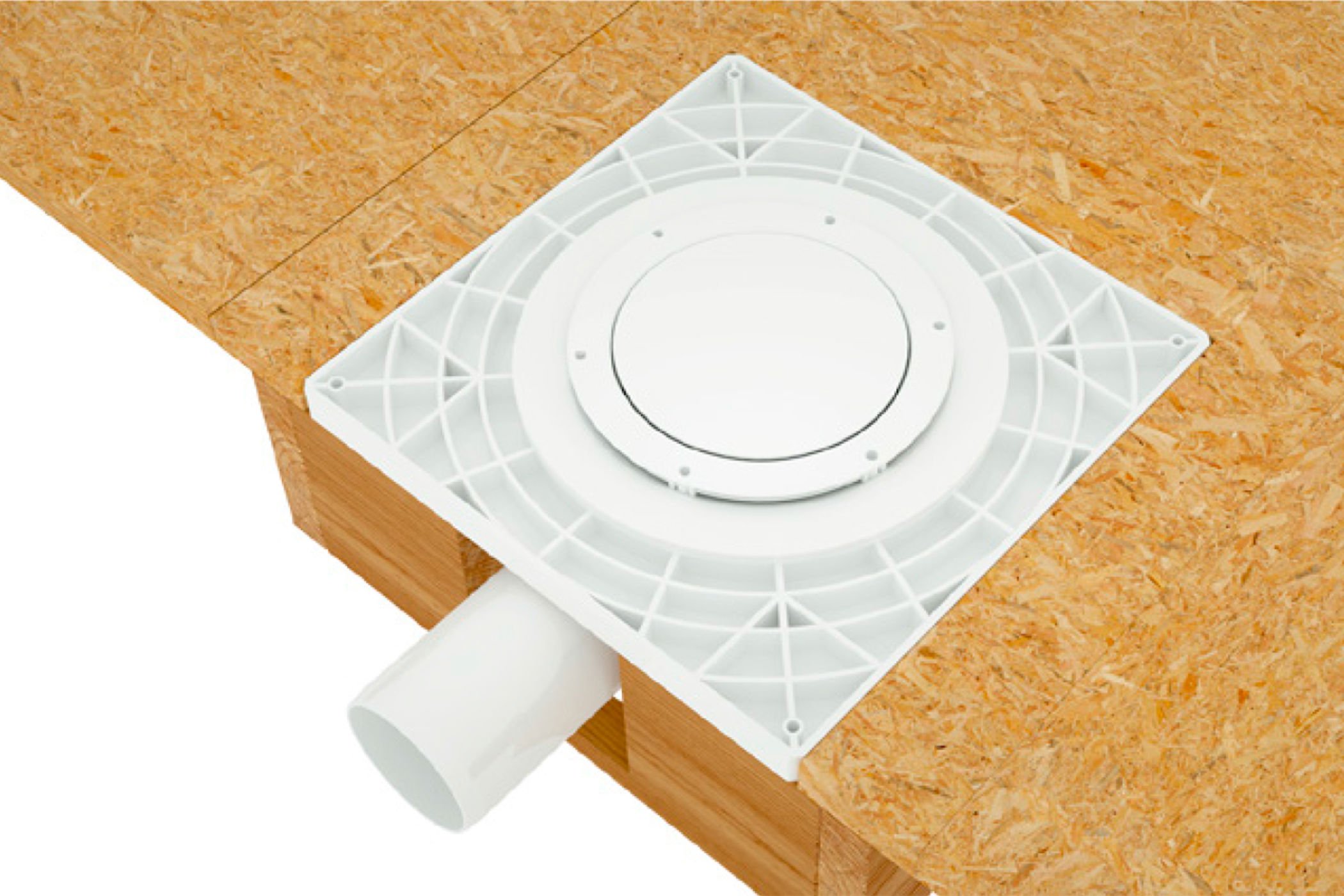 Fixering av golvbrunn med hjälp av montageplatta i träbjälklag.