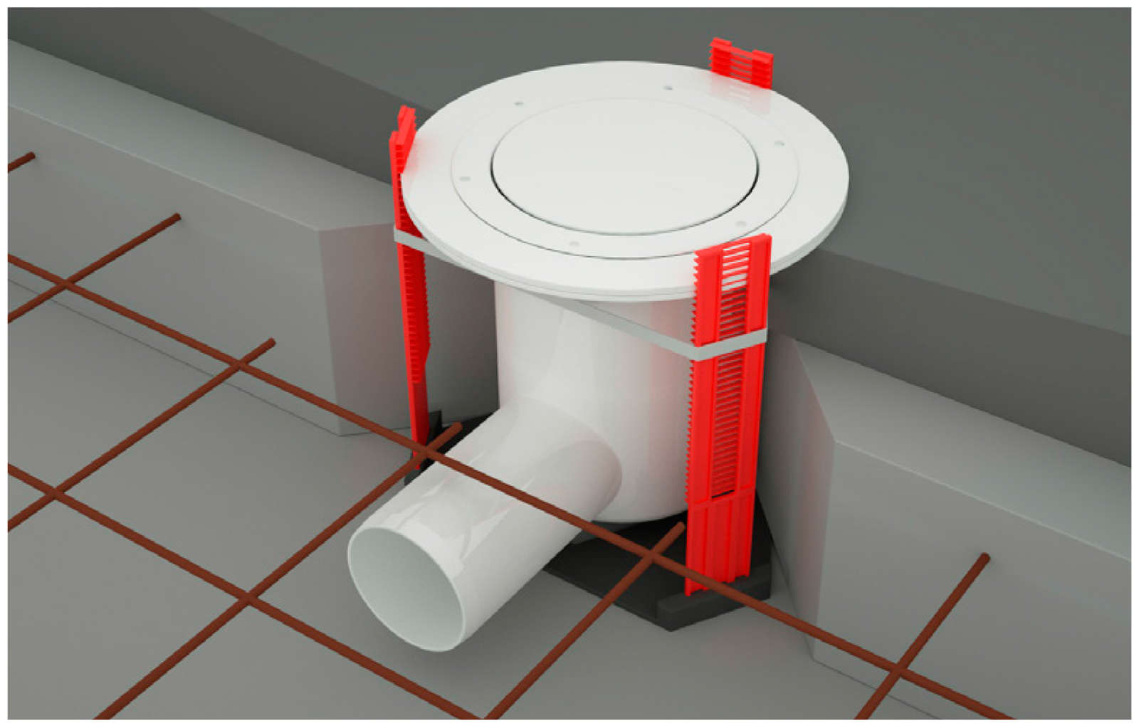 Fixering av golvbrunn med hjälp av fixtur inför betonggjutning.