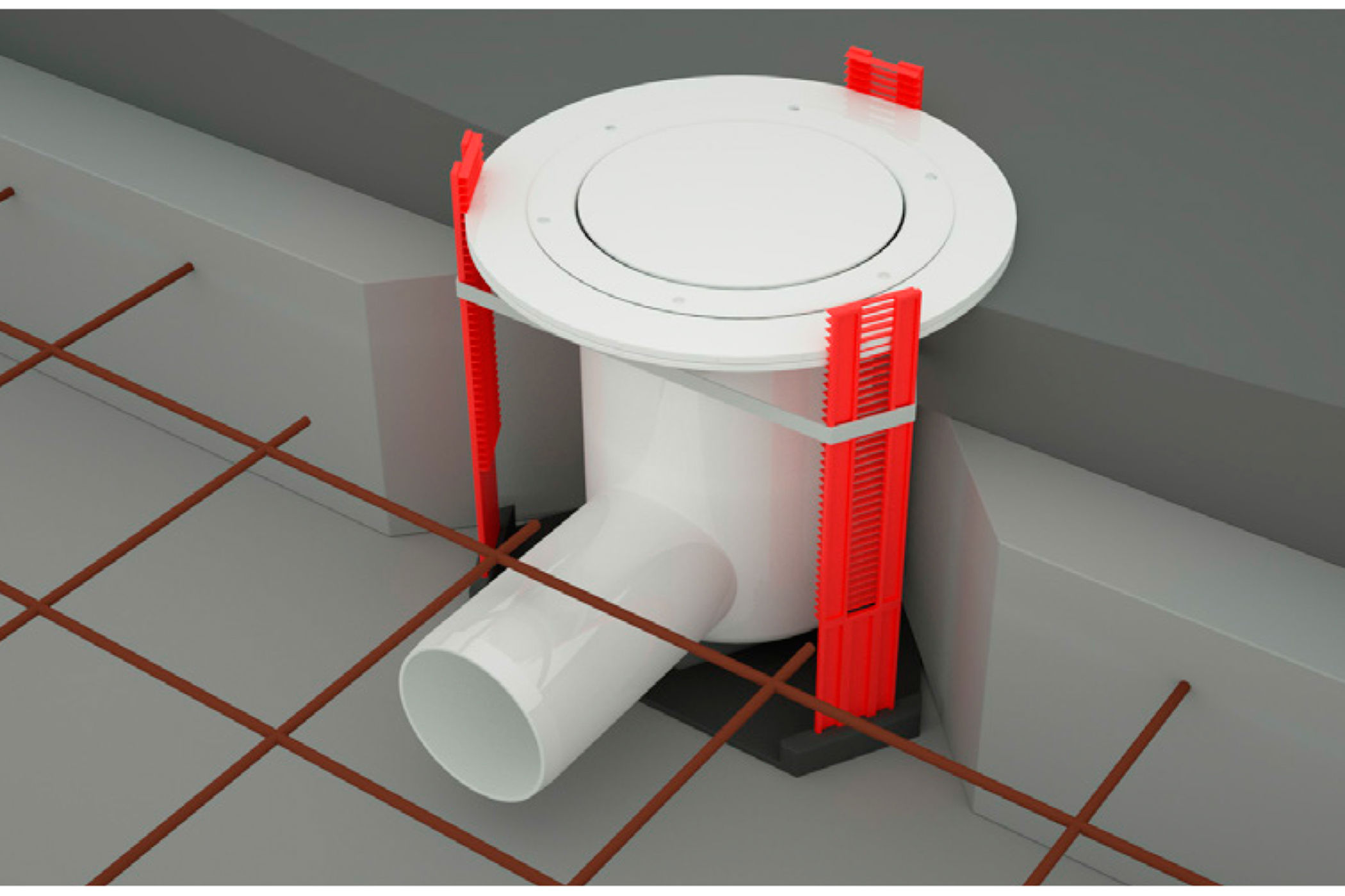 Fixering av golvbrunn med hjälp av fixtur inför betonggjutning.