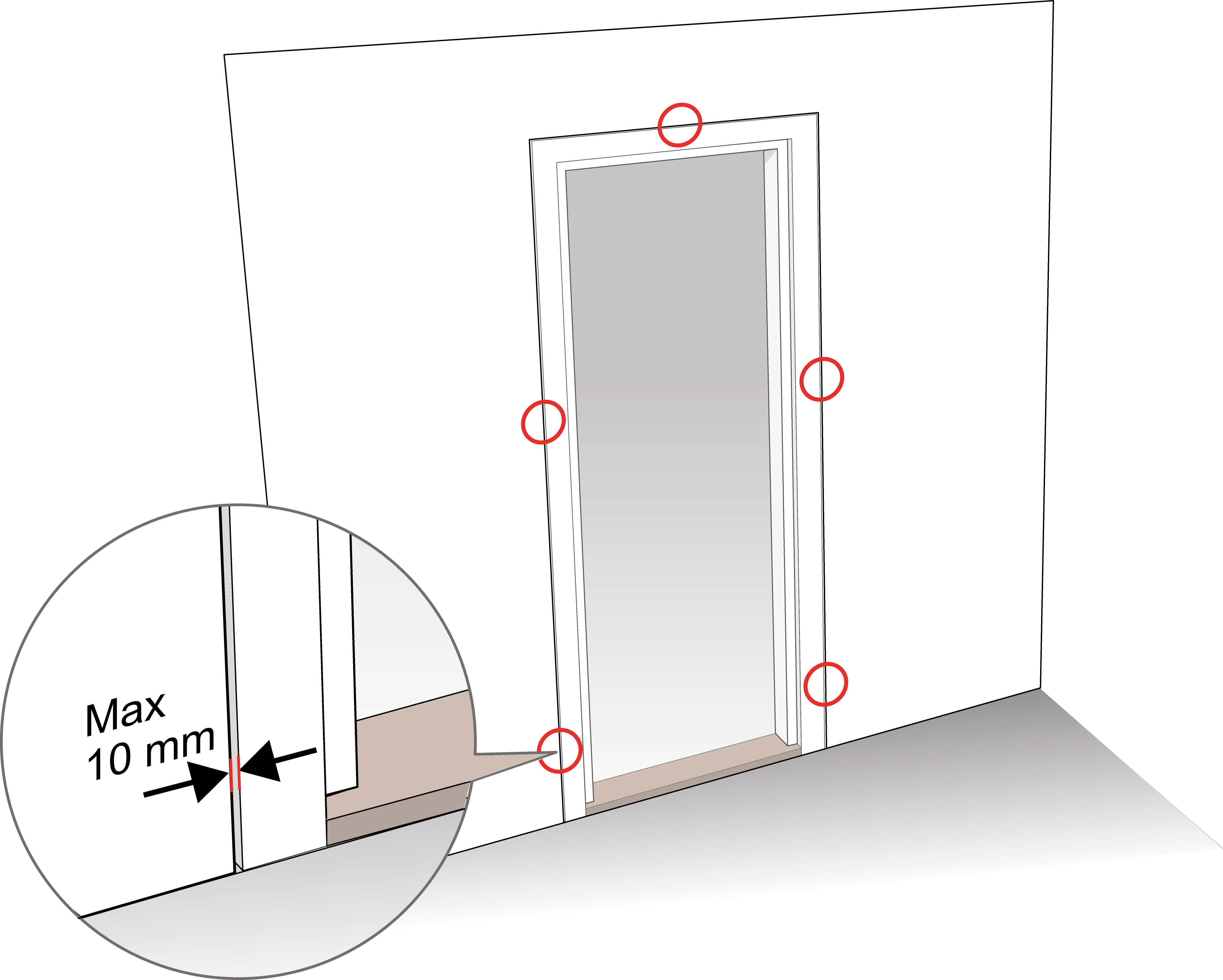 Glipa mellan vägg och dörrkarm får vara högst 10 mm.