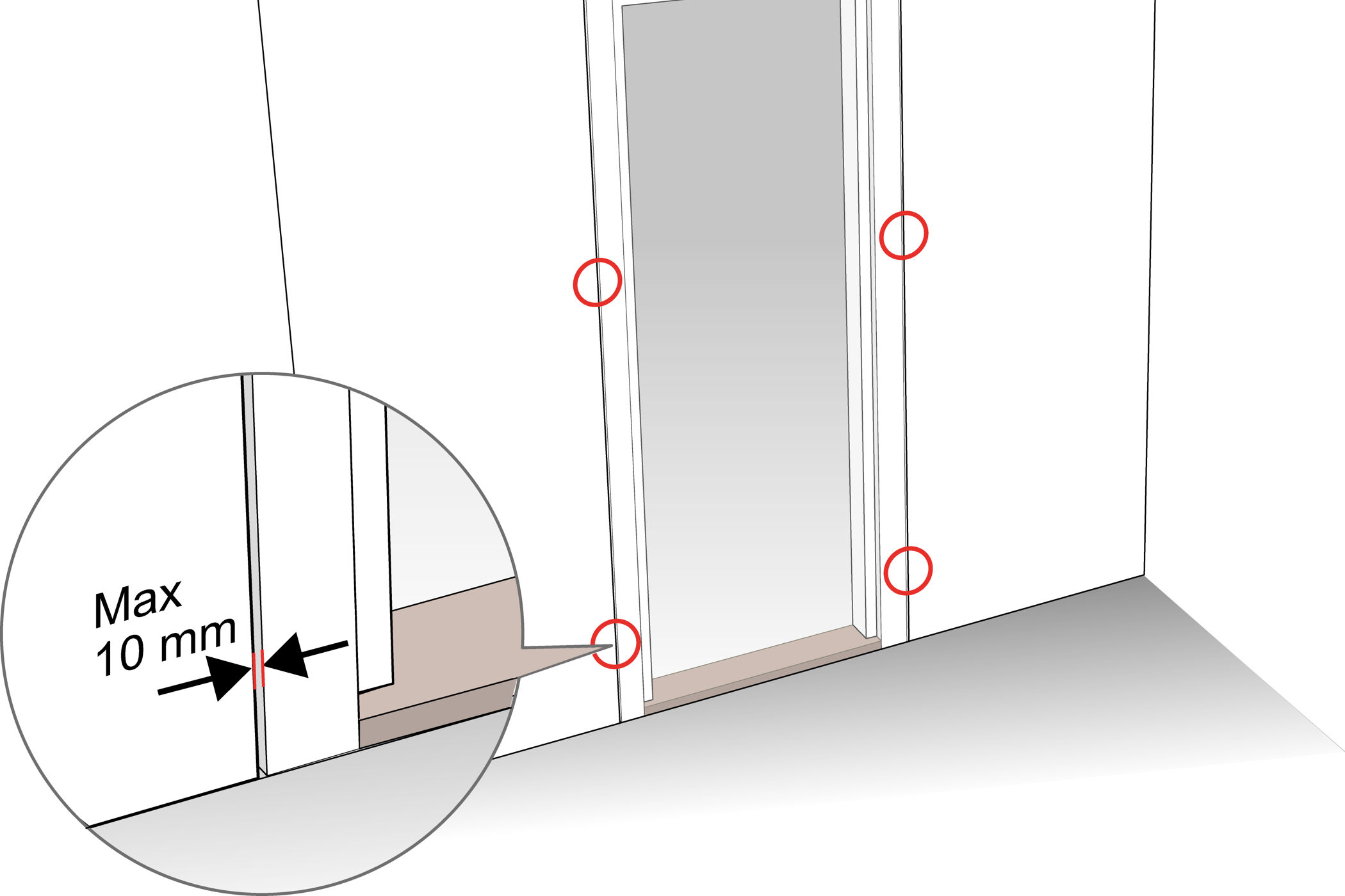 Glipa mellan vägg och dörrkarm får vara högst 10 mm.
