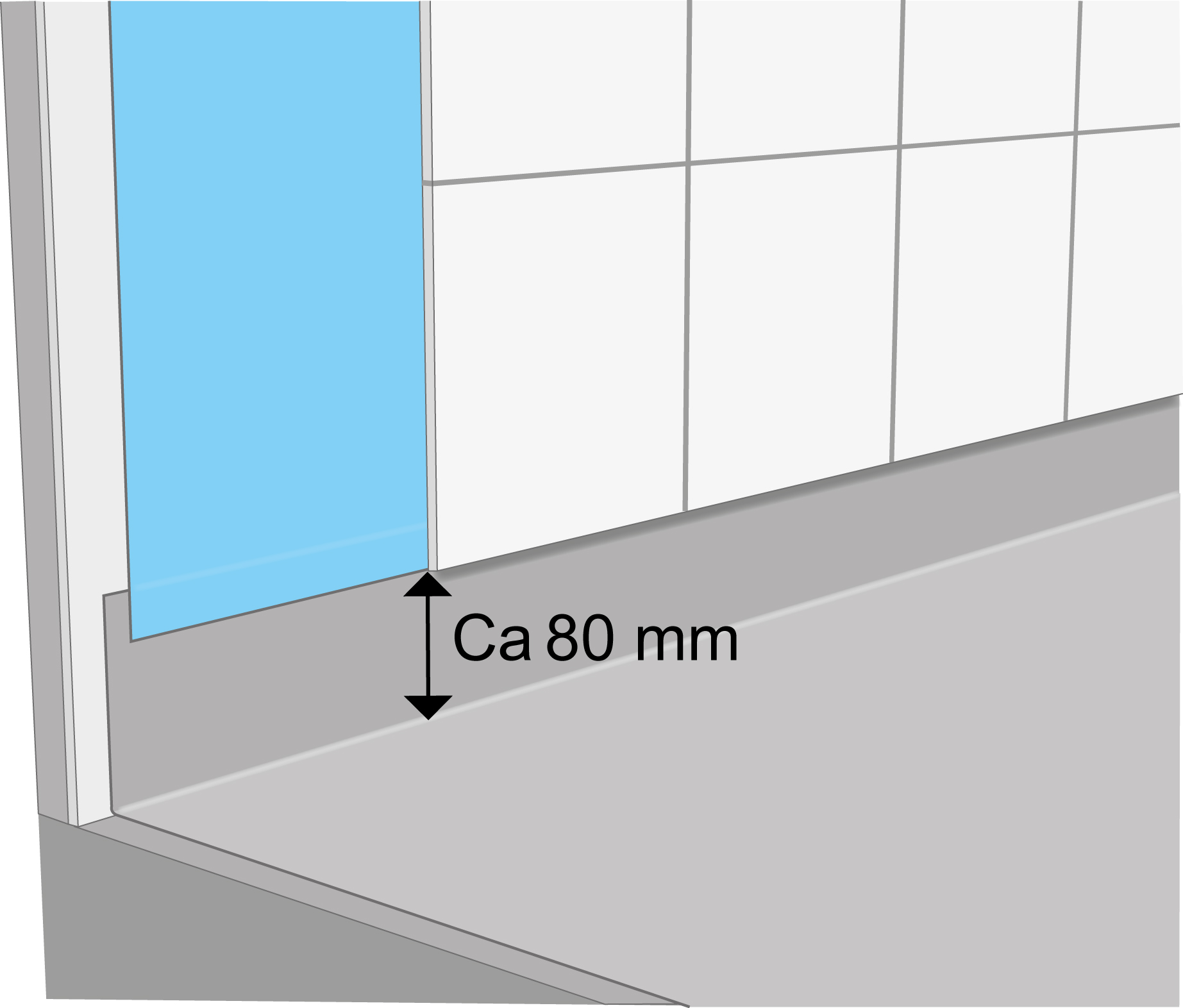 Avståndet mellan kaklets underkant och plastmattan på golvet ska vara cirka 80 mm.