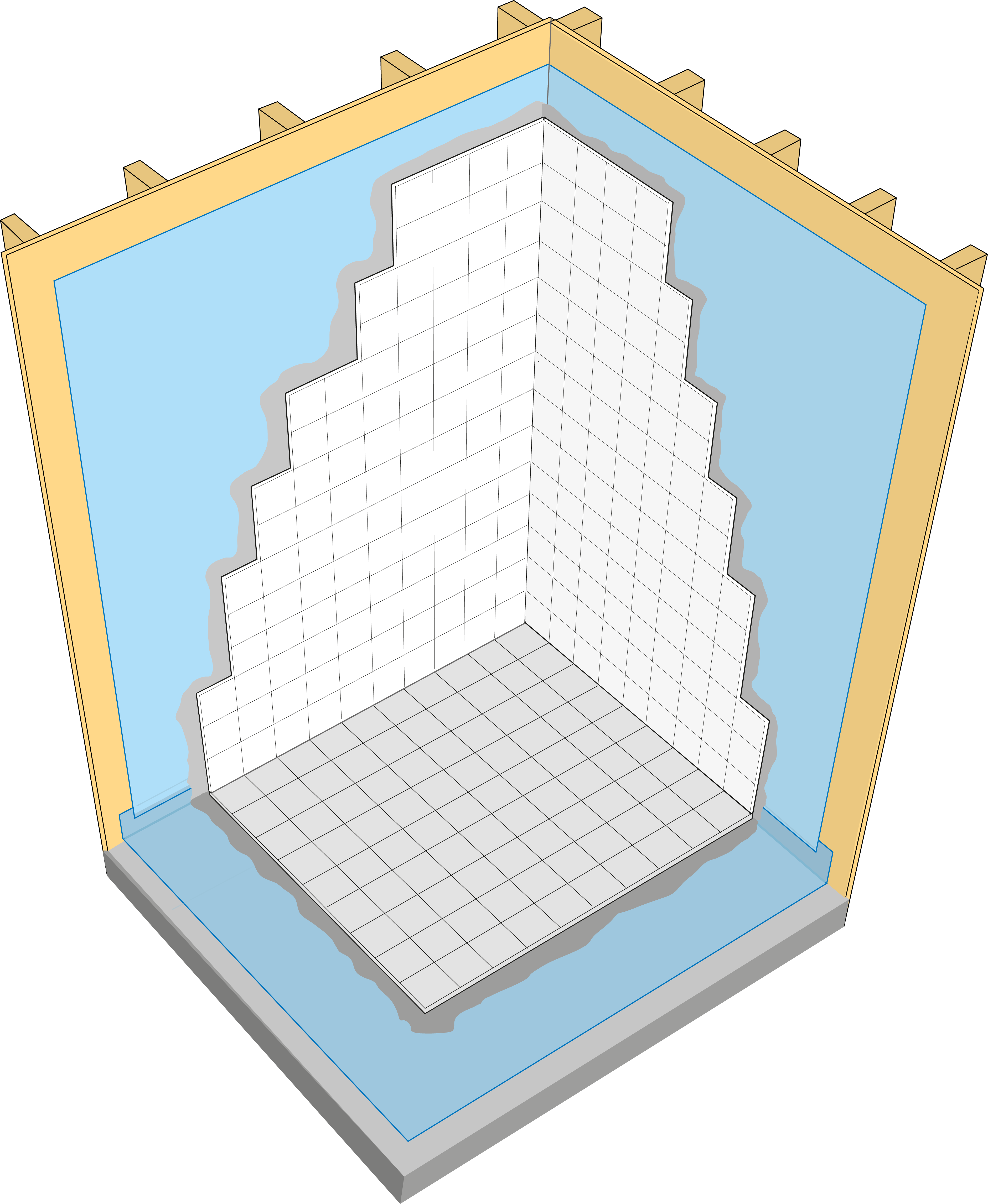 Konstruktion med plastmatta som tätskikt under keramiskt ytskikt.