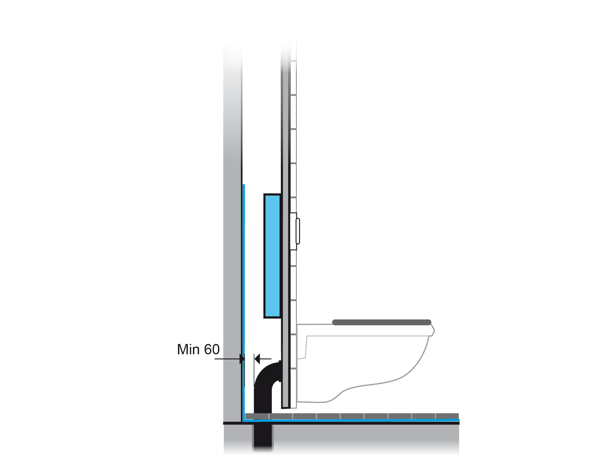 tatskikt bakom wc bakom inbyggd spolcistern i wc-rum