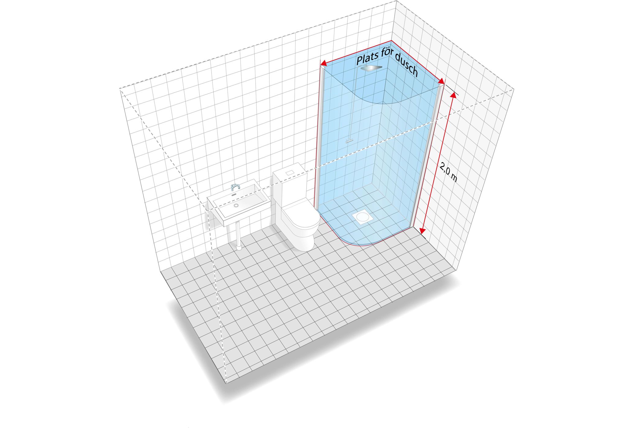 Badrum keramik som visar definition/tolerans för "plats för dusch"